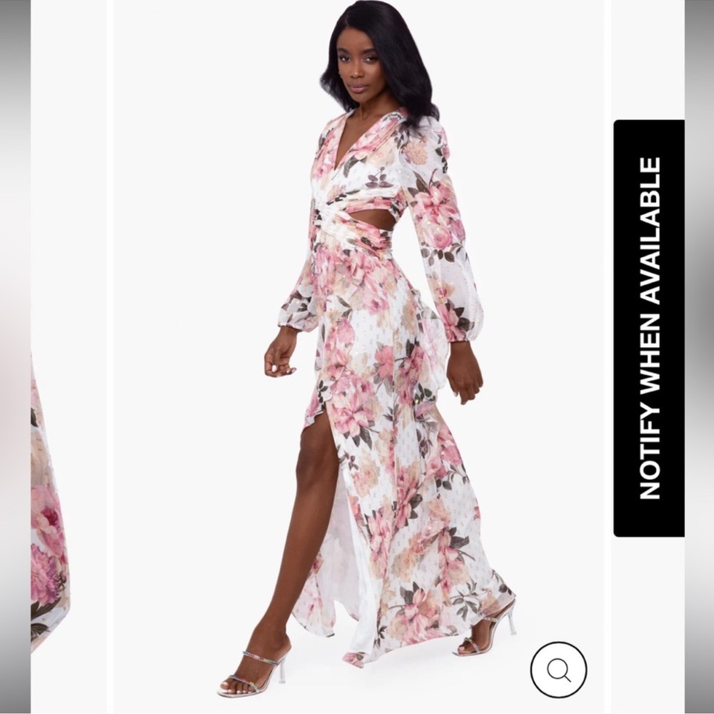 Xscape floral chiffon flowy cut out long sleeve maxi dress gown Size 4
